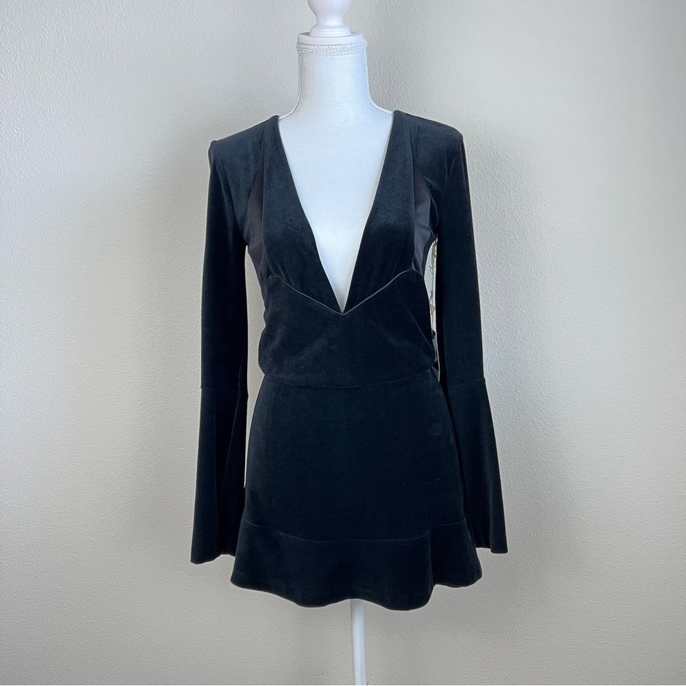NWT Grey Ant Velour Romantic Goth Mini Dress XS Black Deep V Plunge Open Back